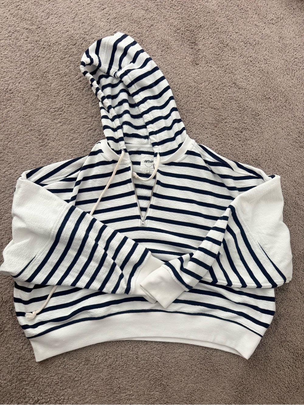 aerie White and Navy Striped Hooded Pullover Sweatshirt